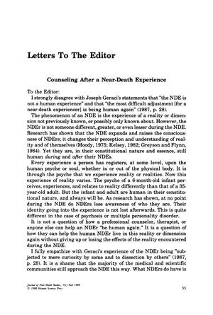 Primary view of object titled 'Letters to the Editor: Counseling After a Near-Death Experience'.