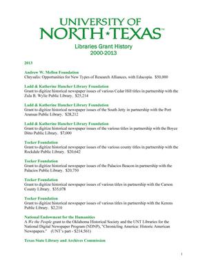 Primary view of object titled 'University of North Texas Libraries Grant History: 2000-2013'.