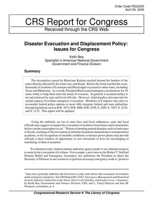 Primary view of object titled 'Disaster Evacuation and Displacement Policy: Issues for Congress'.