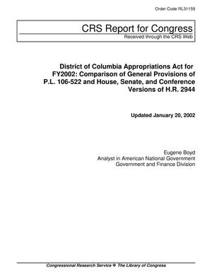 Primary view of object titled 'District of Columbia Appropriations Act for FY2002: Comparison of General Provisions of P.L. 106-522 and House, Senate, and Conference Versions of H.R. 2944'.