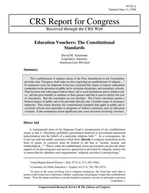 Primary view of object titled 'Education Vouchers: The Constitutional Standards'.