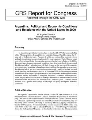 Primary view of object titled 'Argentina: Political and Economic Conditions and Relations with the United States in 2000'.
