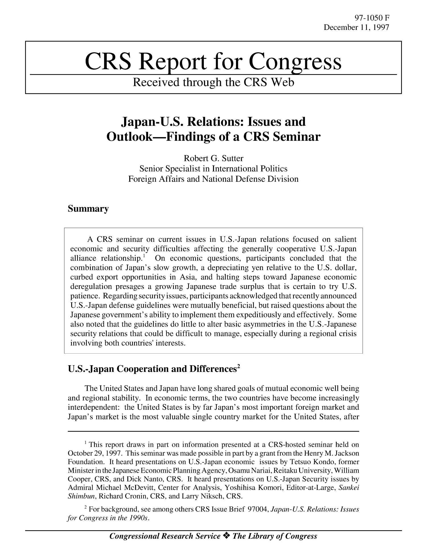 Japan-U.S. Relations: Issues and Outlook—Findings of a CRS Seminar
                                                
                                                    [Sequence #]: 1 of 5
                                                
