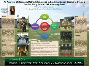 Primary view of object titled 'An Analysis of Research Methods Employed in Epidemiological Studies to Create a Similar Study for the UNT Marching Band'.