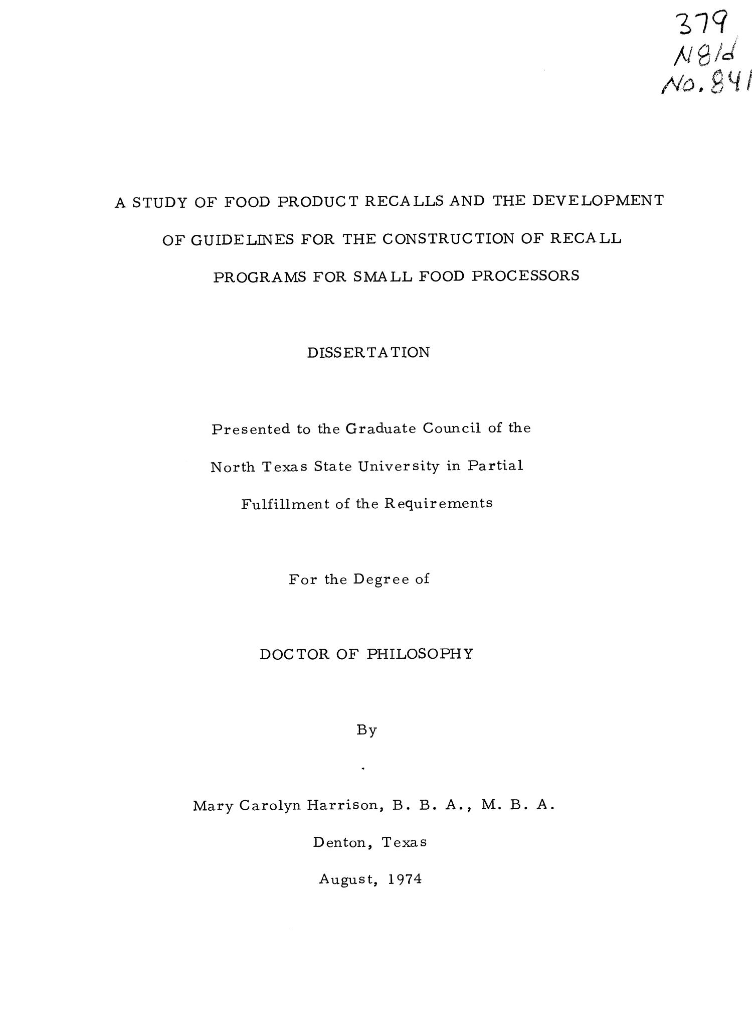 A Study of Food Product Recalls and the Development of Guidelines for the Construction of Recall Programs for Small Food Processors
                                                
                                                    Title Page
                                                