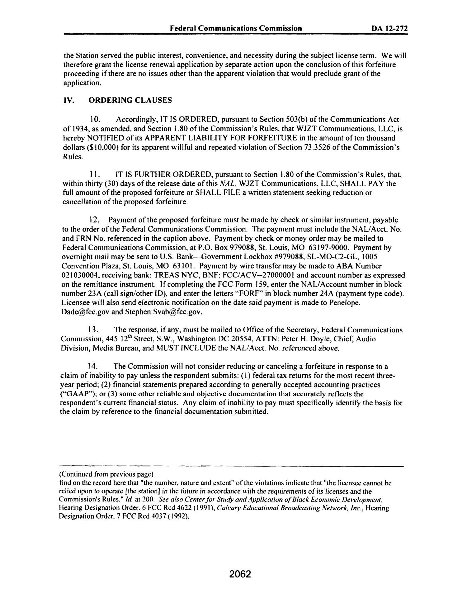 FCC Record, Volume 27, No. 3, Pages 1878 to 2785, February 21 - March 16, 2012
                                                
                                                    2062
                                                