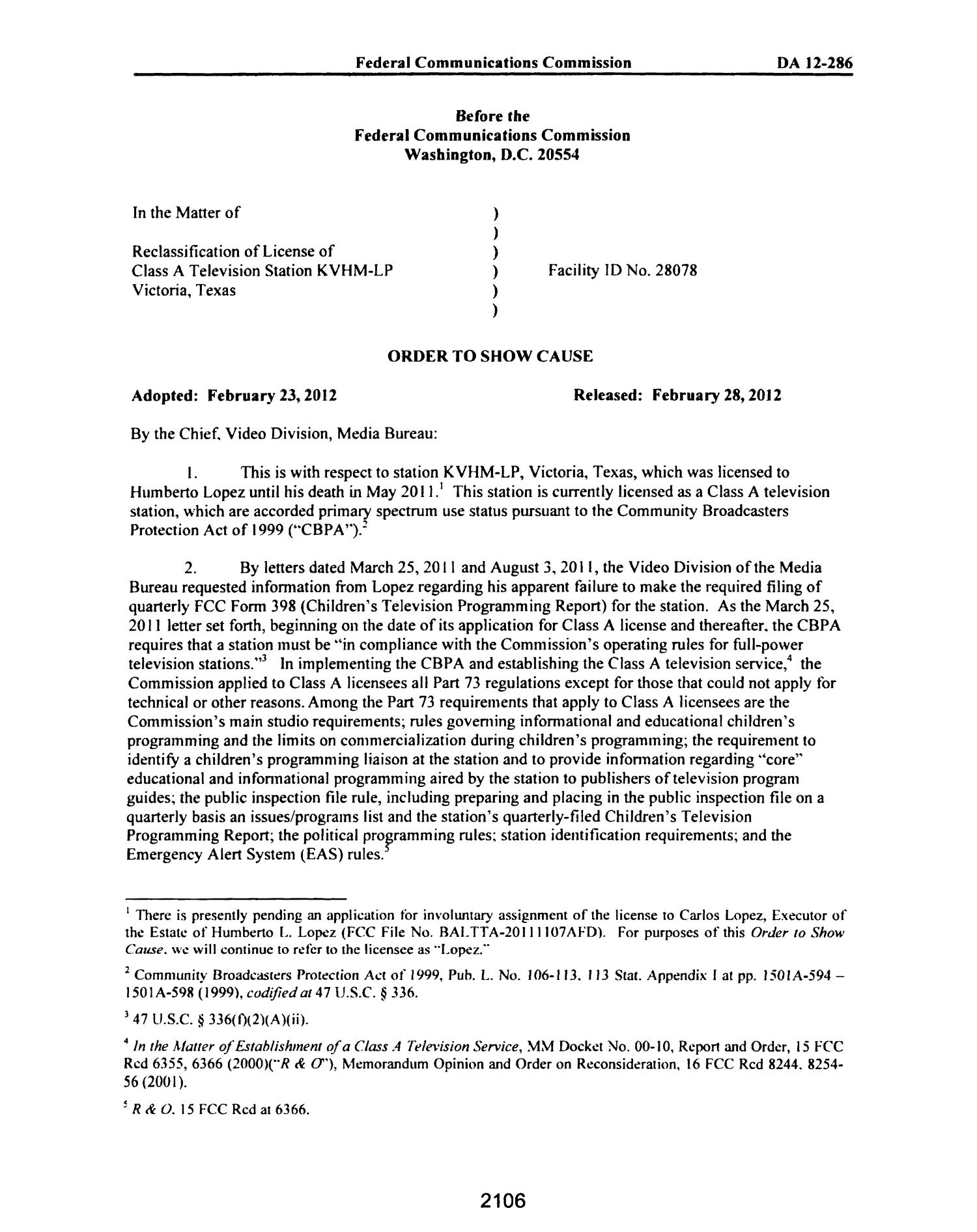 FCC Record, Volume 27, No. 3, Pages 1878 to 2785, February 21 - March 16, 2012
                                                
                                                    2106
                                                