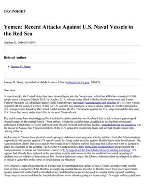 Primary view of object titled 'Yemen: Recent Attacks Against U.S. Naval Vessels in the Red Sea'.