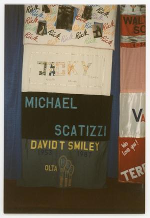 Primary view of object titled '[Quilt Section with Dedications to Rick, Jakcy, Michael Scatizzi, and David T. Smiley]'.