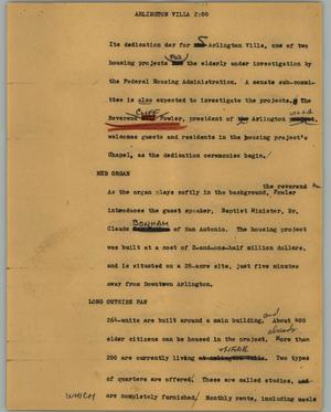 Primary view of object titled '[News Script: Arlington Villa]'.