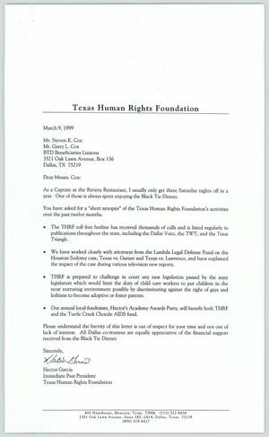 Primary view of object titled '[Letter to Steven and Garry Cox from Hector Garcia about the Texas Human Rights Foundation with attached receipt]'.