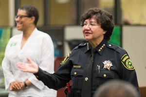 Primary view of object titled '[Lupe Valdez speaking at the LGBTQIA Career Fair, 4]'.