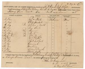 Primary view of object titled '[List of Clothing, Camp and Garrison Equipage from John W. Alexander,June 20, 1865]'.