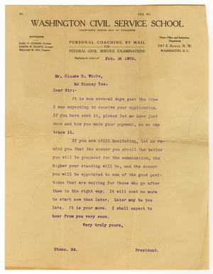 Primary view of object titled '[Letter from Earl P. Hopkins to Claude D. White, February 26, 1908]'.