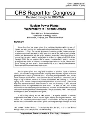 Nuclear Power Plants: Vulnerability to Terrorist Attack