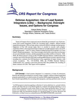 Defense Acquisition: Use of Lead System Integrators (LSIs) -- Background, Oversight Issues, and Options for Congress