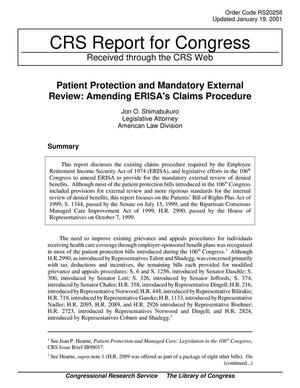 Primary view of object titled 'Patient Protection and Mandatory External Review: Amending ERISA's Claims Procedure'.
