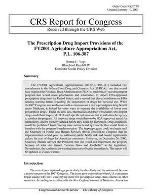The Prescription Drug Import Provisions of the FY2001 Agriculture Appropriations Act, P.L. 106-387