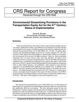 Environmental Streamlining Provisions in the Transportation Equity Act for the 21st Century: Status of Implementation