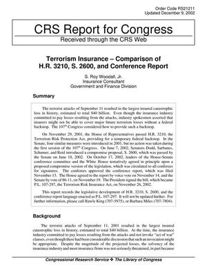 Terrorism Insurance - Comparison of H.R. 3210, S. 2600, and Conference Report