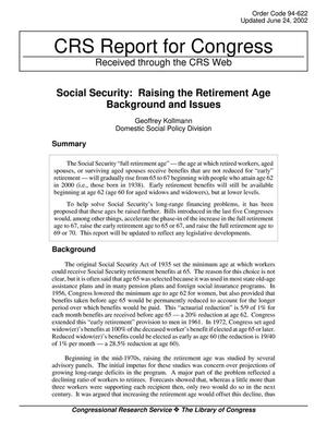 Social Security: Raising the Retirement Age Background and Issues