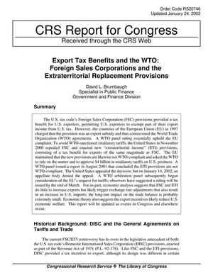 Export Tax Benefits and the WTO: Foreign Sales Corporations and the Extraterritorial Replacement Provisions