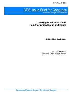 Primary view of object titled 'The Higher Education Act: Reauthorization Status and Issues'.