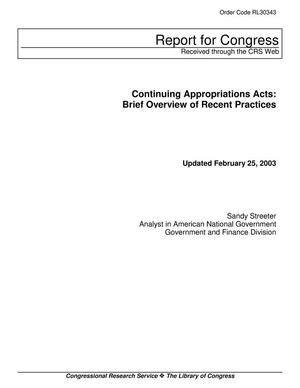 Primary view of object titled 'Continuing Appropriations Acts: Brief Overview of Recent Practices'.