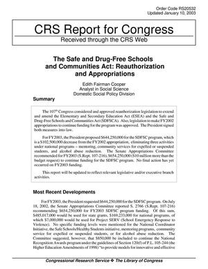 The Safe and Drug-Free Schools and Communities Act: Reauthorization and Appropriations