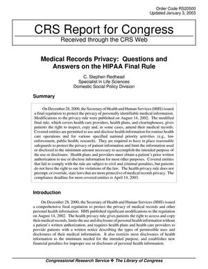 Primary view of object titled 'Medical Records Privacy: Questions and Answers on the HIPAA Final Rule'.