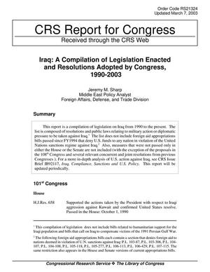 Iraq: A Compilation of Legislation Enacted and Resolutions Adopted by Congress, 1990-2003
