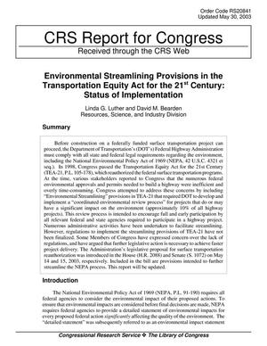 Environmental Streamlining Provisions in the Transportation Equity Act for the 21st Century: Status of Implementation