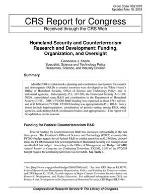 Primary view of object titled 'Homeland Security and Counterterrorism Research and Development: Funding, Organization, and Oversight'.