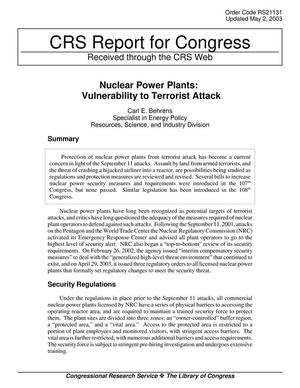 Nuclear Power Plants: Vulnerability to Terrorist Attack