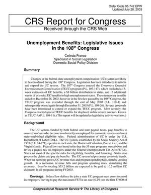 Unemployment Benefits: Legislative Issues in the 108th Congress