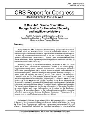 Primary view of object titled 'S.Res. 445: Senate Committee Reorganization for Homeland Security and Intelligence Matters'.