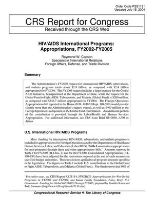 HIV/AIDS International Programs: Appropriations, FY2002-FY2005