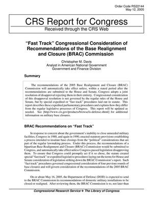"Fast Track" Congressional Consideration of Recommendations of the Base Realignment and Closure (BRAC) Commission
