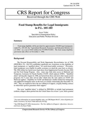 Food Stamp Benefits for Legal Immigrants in P.L. 105-185