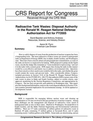 Radioactive Tank Wastes: Disposal Authority in the Ronald W. Reagan National Defense Authorization Act for FY2005