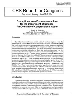Exemptions from Environmental Law for the Department of Defense: An Overview of Congressional Action