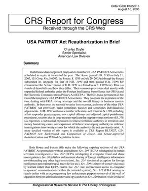 USA PATRIOT Act Reauthorization in Brief