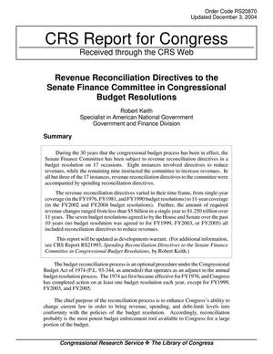 Revenue Reconciliation Directives to the Senate Finance Committee in Congressional Budget Resolutions