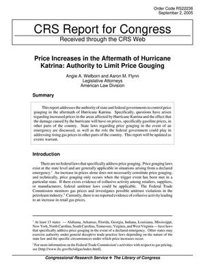 Price Increases in the Aftermath of Hurricane Katrina: Authority to Limit Price Gouging