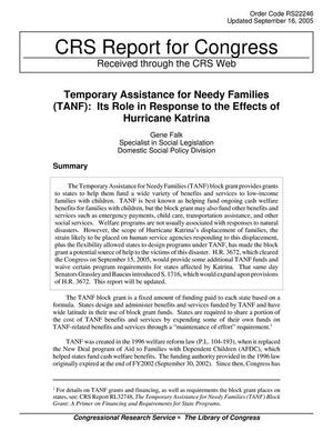 Temporary Assistance for Needy Families (TANF): Its Role In Response to the Effects of Hurricane Katrina