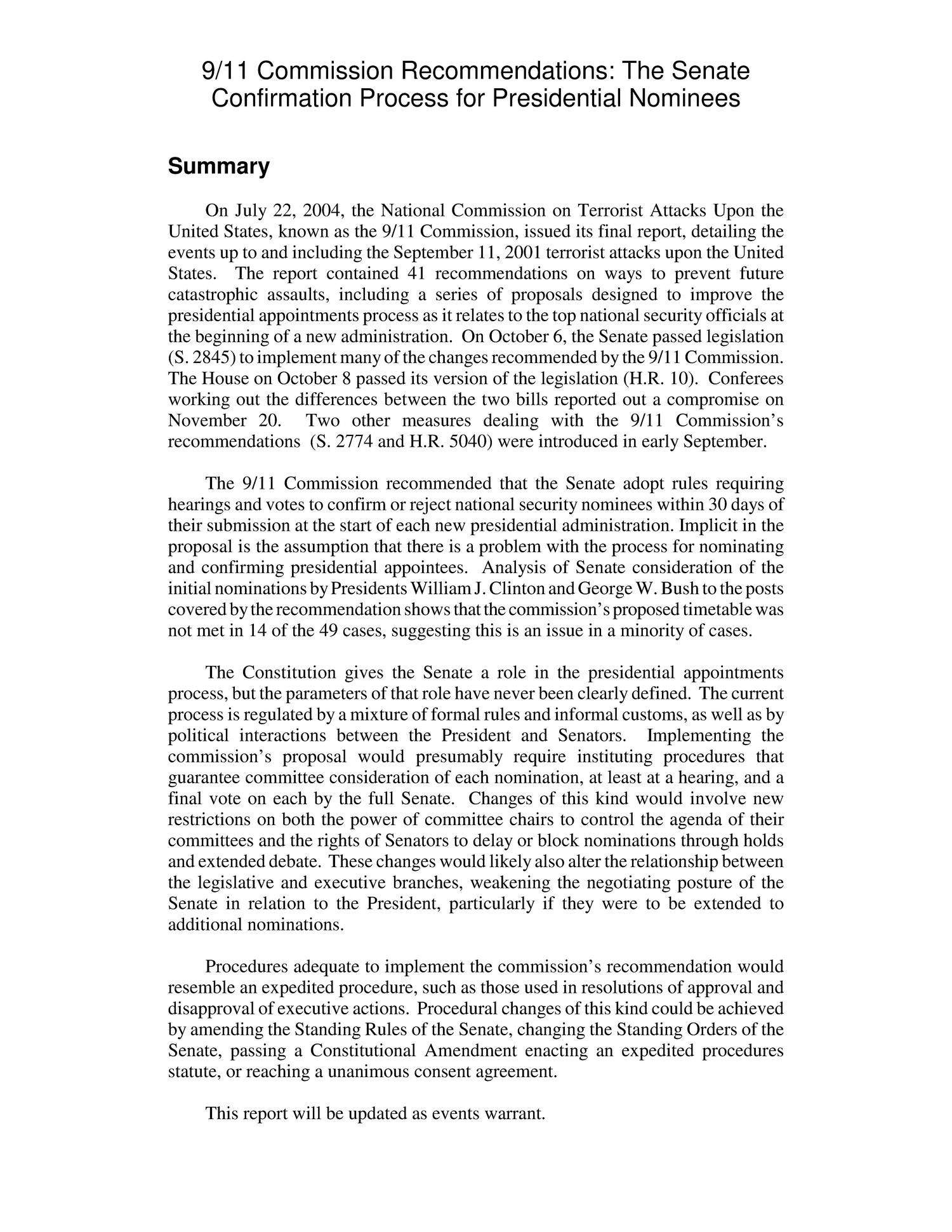9/11 Commission Recommendations: The Senate Confirmation Process for Presidential Nominees
                                                
                                                    [Sequence #]: 2 of 31
                                                