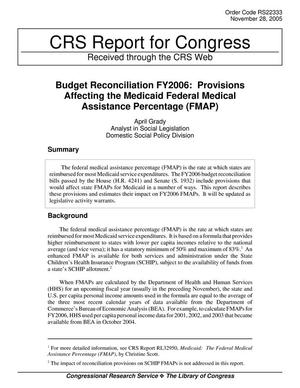 Budget Reconciliation FY2006: Provisions Affecting the Medicaid Federal Medical Assistance Percentage (FMAP)