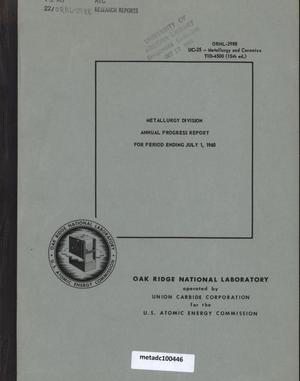 Primary view of object titled 'Metallurgy Division Annual Progress Report, July 1, 1960'.