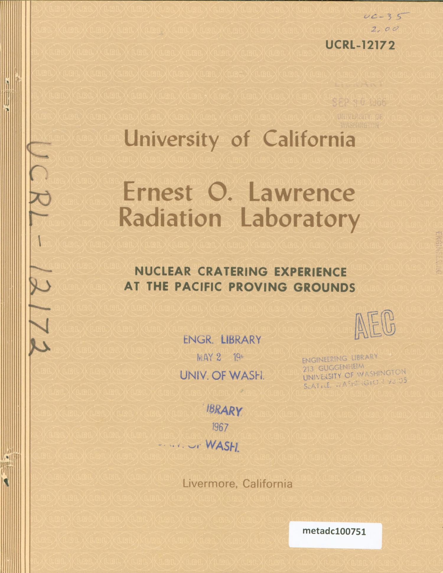 Nuclear Cratering Experience at the Pacific Proving Grounds
                                                
                                                    Front Cover
                                                