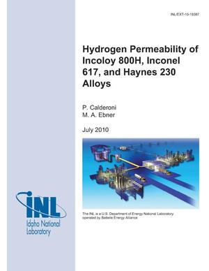 Hydrogen Permeability of Incoloy 800H, Inconel 617, and Haynes 230 Alloys